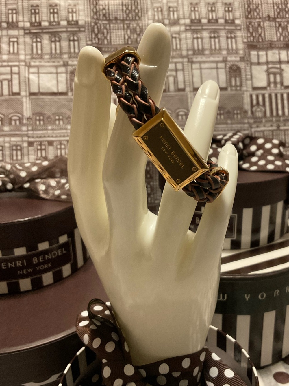 Henri Bendel NY Signature Ignot Braided Leather Wrap Bracelet + Dust Bag